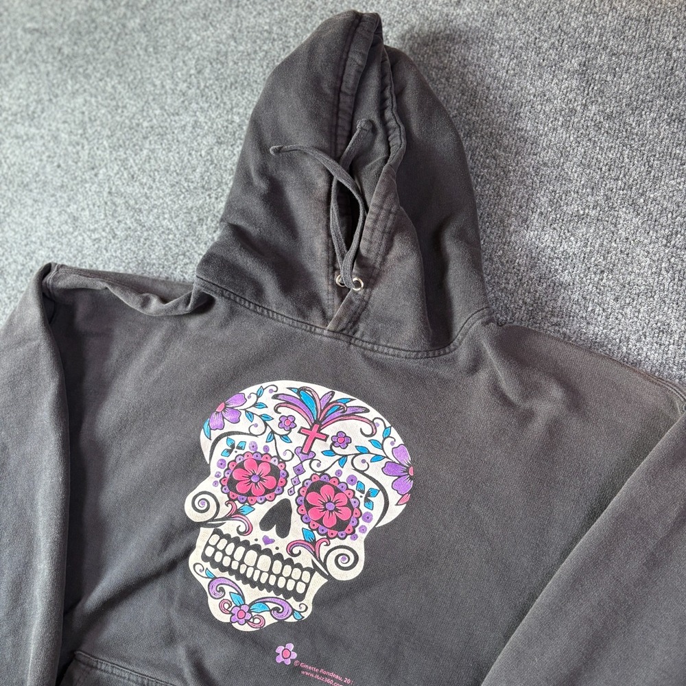 Mexican Day of The Dead Sugar Skull‎ Hoodie Mens XL BLK Kangaroo Pocket Read
